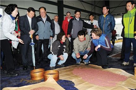 김호연 의원이 스티븐스 주한미국대사와 함께 천안의 배 농가에서 인공수분 봉사활동을 펼쳤다.