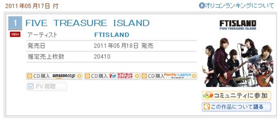 FTIsland ranked on top of Oricon daily chart as of May 17, 2011 (Capture from Oricon Style chart) 