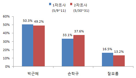 차기 양자대결, 박근혜 49.2% vs 손학규 37.6%..수도권 표심은 접전