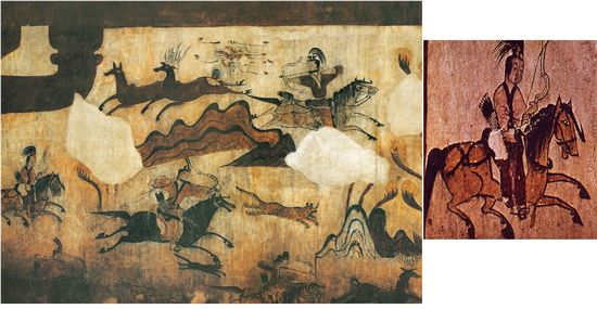 사냥하는 모습. 고구려 5세기, 춤무덤 안칸 오른쪽 벽, 중국 길림성 집안. 오른쪽은 벽화 왼쪽 인물의 확대본
