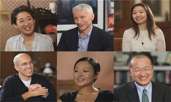 (왼쪽 상단부터 시계방향) 산드라 오, 앤더슨 쿠퍼, 유나 리, 김용 총장, 석지영교수, 제프리 카젠버그  