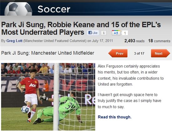 박지성, EPL서 가장 저평가된 선수 선정