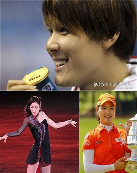 세계적인 스포츠 대회에서 맹활약하며 한껏 몸값을 높이고 있는 박태환(위쪽), 김연아(아래 왼쪽), 유소연(아래 오른쪽) 선수.