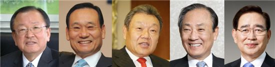 ▲왼쪽부터 강만수 산은금융 회장, 이팔성 우리금융 회장, 어윤대 KB금융 회장, 김승유 하나금융 회장, 한동우 신한금융 회장
