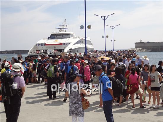 13일 울릉군 저동항이 관광객들로 붐비고 있다.