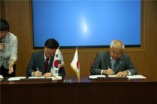 양해각서에 서명하고 있는 코레일유통 대표(왼쪽)와 JR동일본기획 대표. 