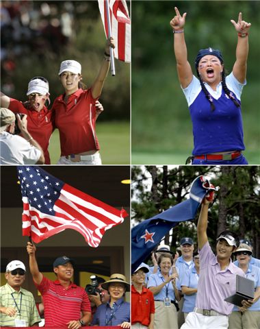  교포선수들이 각각의 국가를 위해 골프대회에서 파이팅하고 있는 장면. 미셸 위와 크리스티나 김, 앤서니 김, 대니 리.(왼쪽 위부터 시계방향으로) 