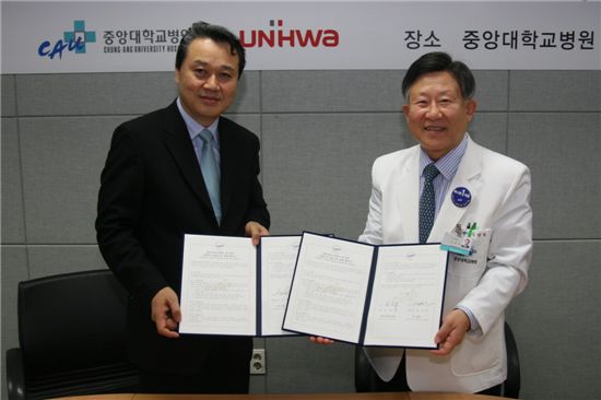 도기권 운화 회장(왼쪽)과 김성덕 중앙대 의료원장