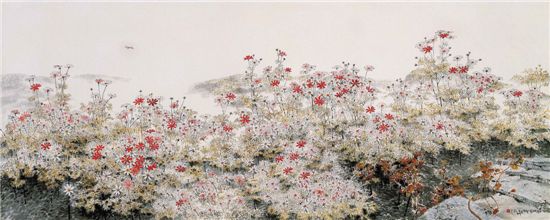 아름다운 가을에 부르는 노래, 365×144㎝ 한지에 수묵담채, 2005.