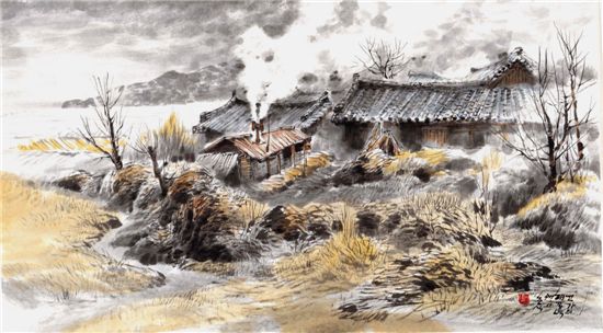 고가의 해질녘, 70×40cm 화선지에 수묵 담채, 1997
