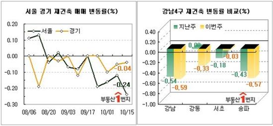 10월 둘째주 서울 재건축 아파트값이 한주동안 올들어 최대 하락폭인 -0.24%를 기록했다.