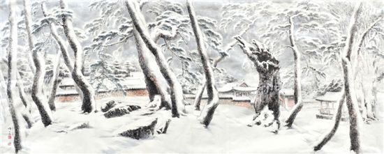 소수서원의 겨울, 364×160㎝ 한지에 수묵담채, 2010
