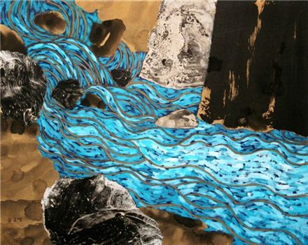 Flow, ink, collage and acrylic on cotton cloth, 91x73cm
