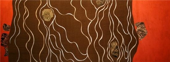 Flow, ink, collage and acrylic on cotton cloth, 130x47cm
