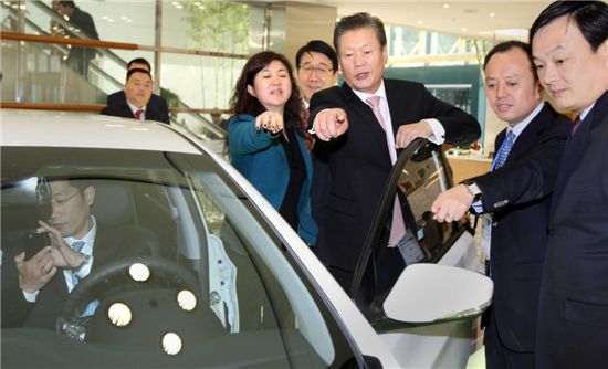 베이징현대 우수딜러들과 설영흥 현대차 중국사업총괄 부회장(사진 오른쪽에서 세번째)이 25일 서울 양재동 현대차 본사에서 전시된 차량을 함께 둘러보고 있다.