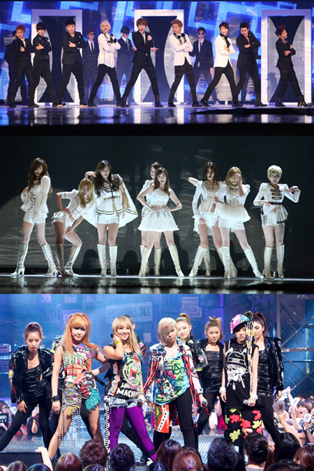Super Junior (top), Girls' Generation (middle) and 2NE1 (bottom) [Mnet]