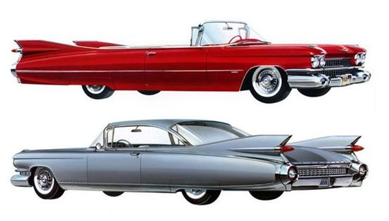 1950년대 인기를 끌었던 대형자동차인 지느러미 장식의 테일핀 스타일 캐딜라.