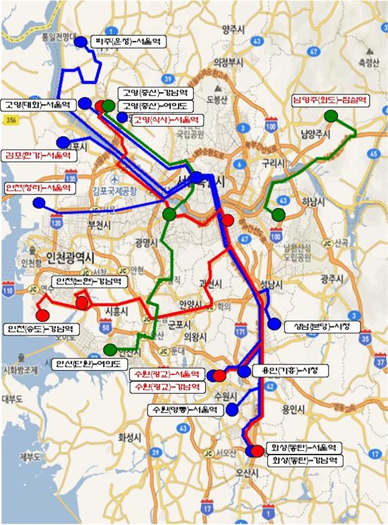 수도권광역버스(M버스) 18개 노선도. 수도권 주요 거점 지역을 중간정차 없이 연결하는 버스로 버스전용차로를 이용할 수 있어 승용차보다 이동시간이 짧은 것이 큰 장점이다.