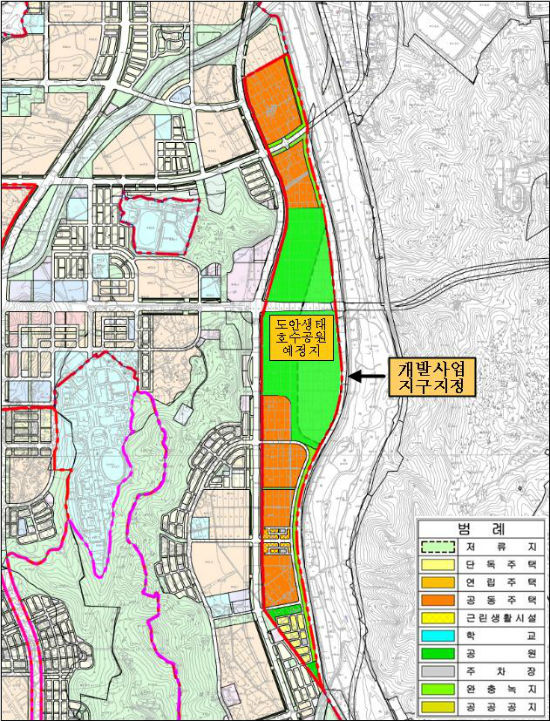대전시 서구 도안동과 유성구 원신흥동 일대 갑천변에 추진되는 도안생태호수공원개발계획도.