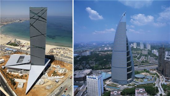 (왼쪽)리비아 트리폴리 호텔 전경.  (오른쪽)대우건설은 초고층빌딩, 주택분야, 토목, 건축, 주택 분야 등으로 뻗어나가 공종의 다변화를 추진하겠다고 밝혔다. 사진은 말레이시아텔레콤 사옥 전경(1998년 준공).
