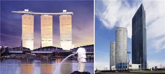 쌍용건설은 중동지역과 아프리카 등 초대형 프로젝트 발주가 늘고 있는 지역을 적극 공략할 계획이다. 사진은 싱가포르 마리나 베이 샌즈 호텔 전경(왼쪽, 2010년 준공). 지난해 완공된 베트남 하노이의 ‘랜드마크72’. 건축연면적 기준으로 세계최대 규모(609,673㎡)로 베트남 내 최고층 건물(오른쪽, 72층, 350m)이다. 