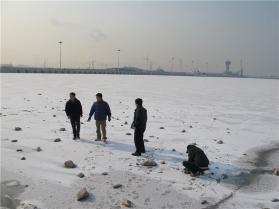 지난 1월 26일 인천 환경단체 회원들이 얼어붙은 경인아라뱃길 위를 답사했다. 사진제공=인천환경운동연합