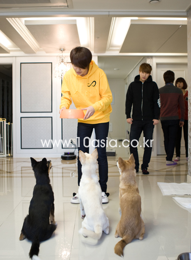 INFINITE member Sung-jong feeds their dogs on the set of KBS' "Saturday Freedom." [Chae Ki-won/10Asia]