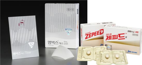 그동안 비아그라와 시알리스가 독점해왔던 발기부전 치료제 시장에 국내업체들이 뛰어들어 선전하고 있다. 사진은 SK케미칼의 엠빅스S(왼쪽)와 JW중외제약의 제피드. 