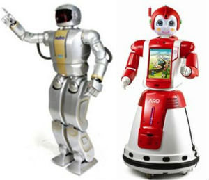 휴머노이드 로봇 ‘휴보’(왼쪽)와 서비스로봇‘아로’.