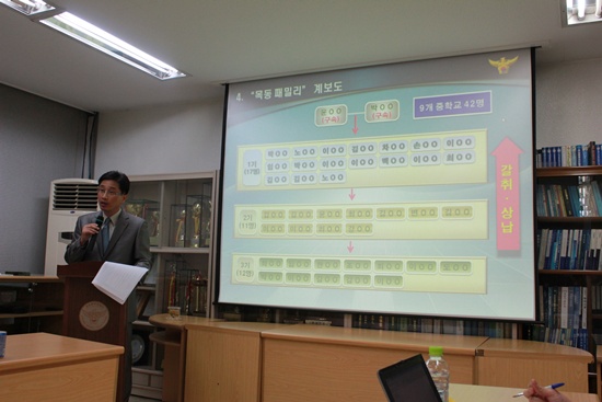 대전지역 9개 중학교 학생 42명으로 이뤄진 폭력서클 '목동패밀리' 조직도를 경찰이 설명하고 있다.