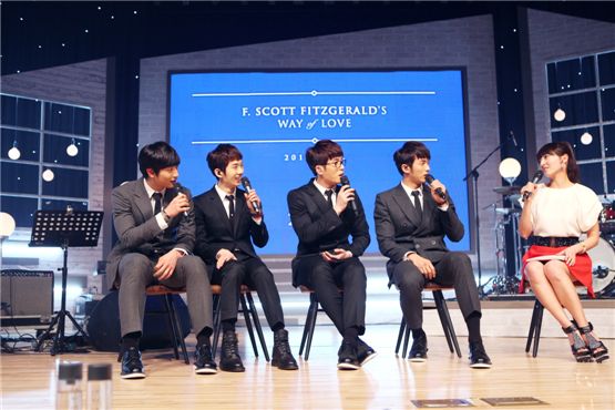 2AM members (from left to right) Jinwoon, Jo Kwon, Changmin and Seulong speak during their showcase for their 2nd mini-album "F. Scott Fitzgerald's Way of Love" held in Seoul, South Korea on March 13, 2012. [Big Hit Entertainment]