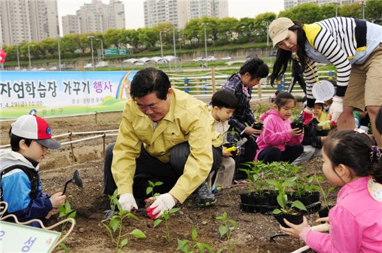 김기동 광진구청장이 중랑천 둔치자연학습장을 찾아 어린이들과 함께 풀을 뽑고 있다.