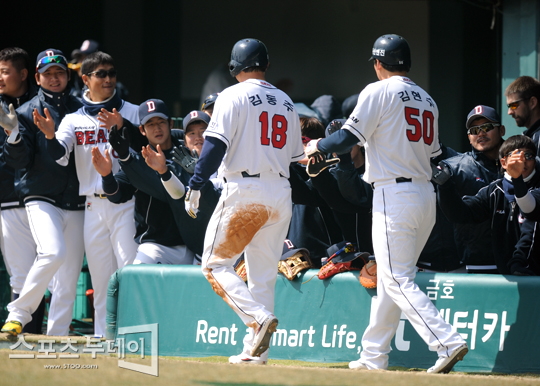 [포토] 김현수-김동주 '최준석이 우리를 불러들였어~'