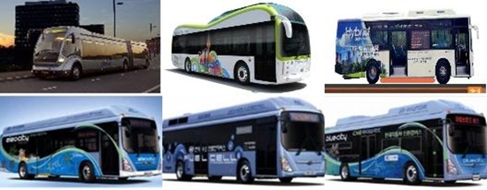 위 왼쪽부터 시계방향으로 바이모달트램(한국화이바), 전기버스(한국화이바), OLEV(카이스트), 전기버스(현대), 수소연료전지버스(현대), CNG 하이브리드(현대).