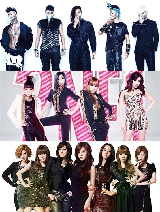 Big Bang (top), 2NE1 (middle) and Rainbow (bottom) [YG Entertainment/DSP Media]