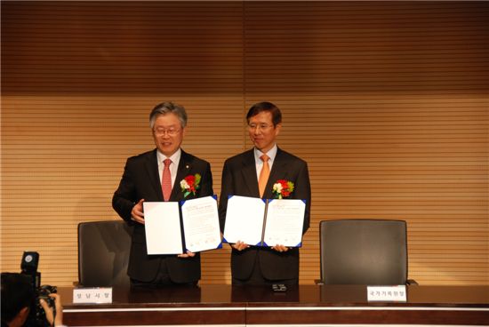 이재명(왼쪽) 성남시장과 송귀근 국가기록원장이 협약서를 펼쳐보이고 있다.