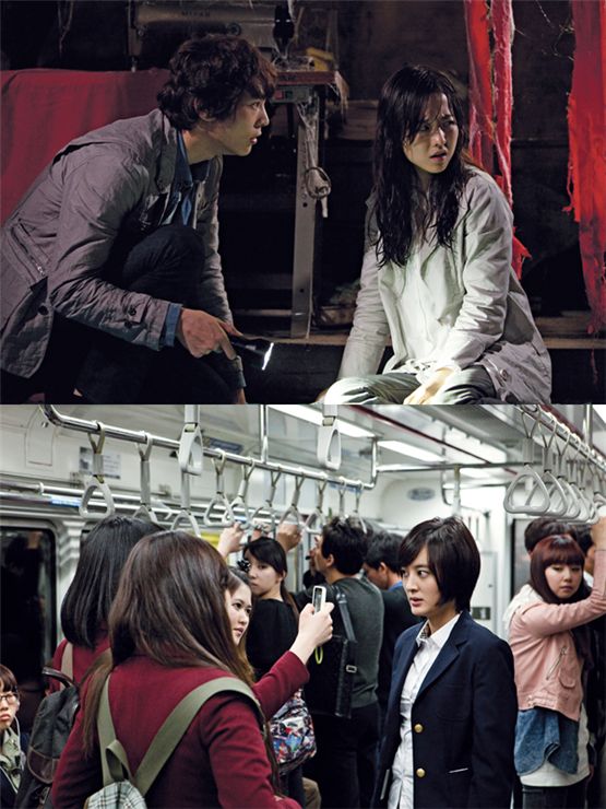 Joo Won (top left) and Park Bo-young (top right) and Kang Byul (bottom) in the thriller "Unidentified Video" [Showbox]
