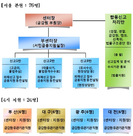 불법사금융 피해신고센터 조직도(총 100명)
