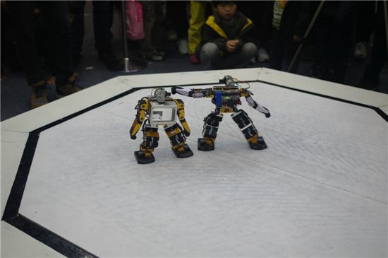 지난해 10월28일 일산 킨텍스에서 열린 ‘지능형 SoC 로봇워 2011’에서 태권로봇이 머리공격을 하고 있다.