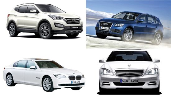 현대차는 뉴싼타페(위 왼쪽)의 경쟁모델로 아우디Q5(위 오른쪽)를 꼽을만큼 자신감을 내비쳤다. 수입차 업계에서 경쟁모델로 꼽히는 BMW7시리즈(아래 왼쪽)와 벤츠S클래스(아래 오른쪽).