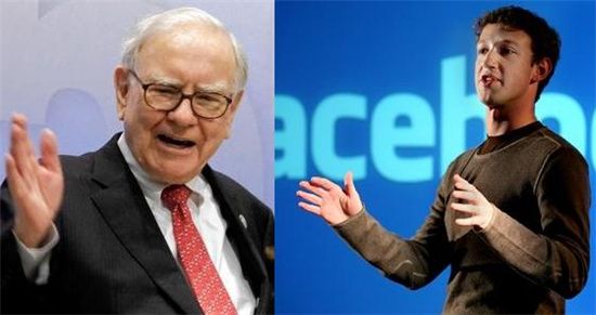 ▲워런 버핏 버크셔 헤서웨이 최고경영자(CEO·왼쪽), 마크 주커버그 페이스북 창업자이자 CEO.