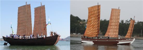 여수세계박람회에 선보여지는 조선시대 조운선(왼쪽)와 강진 옹기배(오른쪽) 모습

