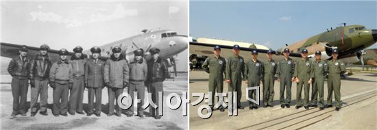 우리 공군 최초의 수송기이자 대통령 전용기로도 활용됐던 C-47 앞에 공군15혼성비행단 255대대 C-130 수송기 조종사들이 섰다. <사진=공군>

