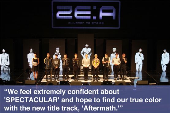 ZE:A members posing in front of reporters to introduce their 2nd full-length album, "SPECTACULAR," at the showcase held in Seoul, South Korea, on July 3. [Star Empire Entertainment]