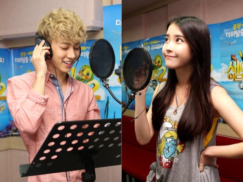 BEAST's Lee Gi-kwang (left) and songstress IU (right) recording their voice for "Sammy's Adventures 2" in a recording studio in Seoul [CJ E&M]