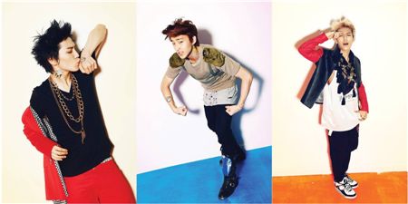 B.A.P's members Him Chan (left), Jong-up (center) and Dae-hyun (right) posing for their new album's cover pictures [TS Entertainment]