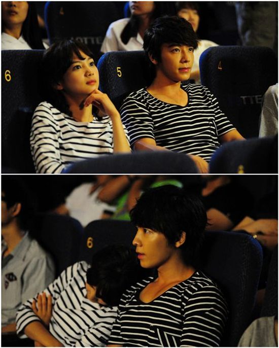 Still shots of actress Yoon Seung-a and Super Junior's Donghae at a movie theater during Channel A's "Miss Panda, Mr. Hedgehog" shooting in June, 2012 [Lionfish]