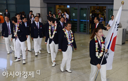 런던올림픽 폐막 후 한국 선수단이 귀국하는 모습