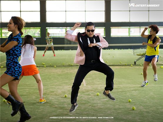 Solo artist PSY shows his funny moves in a still-shot of the music video for "Gangnam Style," dropped on July 15, 2012. [YG Entertainment]