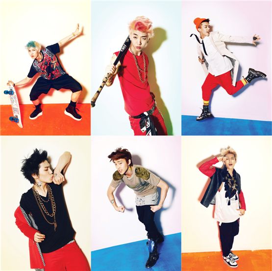 B.A.P members Zelo (top left), Bang Yong-guk (top center), Young-jae (top right), Him Chan (bottom left), Jong-up (bottom center) and Dae-hyun (bottom right) pose in the cover photo of "NO MERCY" released on July 19, 2012. [TS Entertainment]